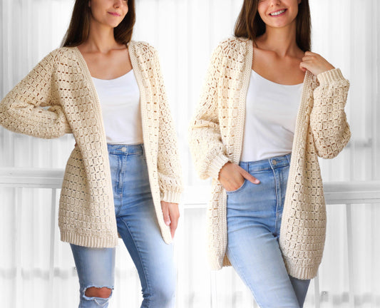 ELLA Crochet Cardigan Pattern | Raglan Sleeves | Seamless Top-Down | Sizes XS–3XL | PDF in US Terms