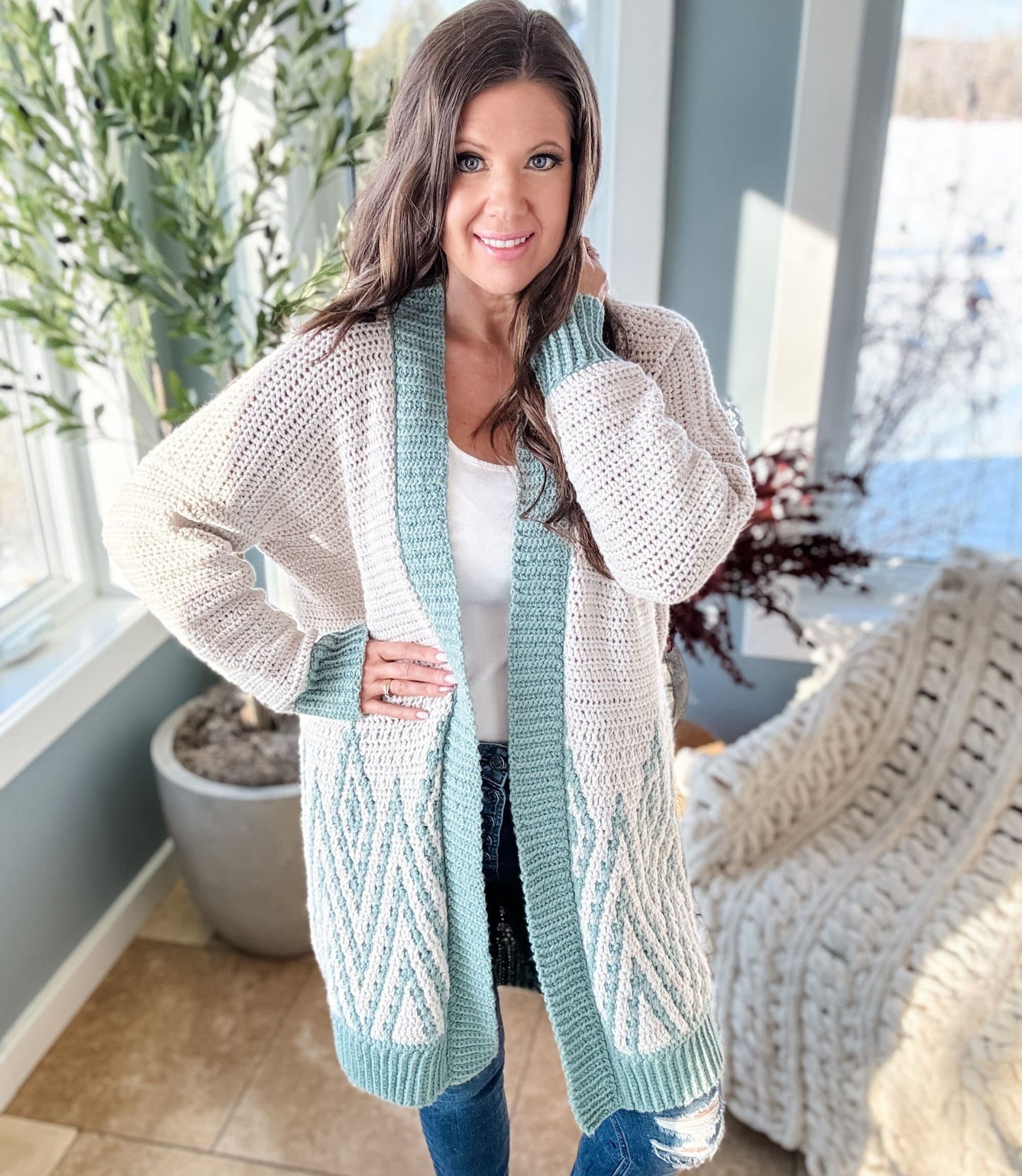 Diamond Drift Cardigan Crochet Pattern | Mosaic Colorwork | No-Tail Technique | Sizes XS–5X | PDF Digital Download