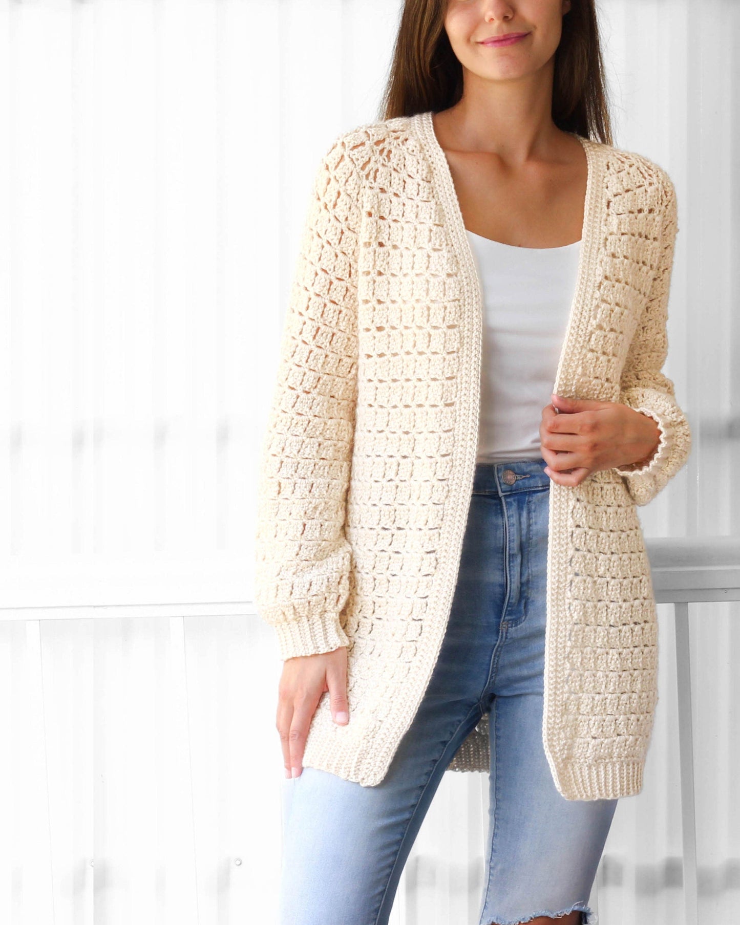ELLA Crochet Cardigan Pattern | Raglan Sleeves | Seamless Top-Down | Sizes XS–3XL | PDF in US Terms