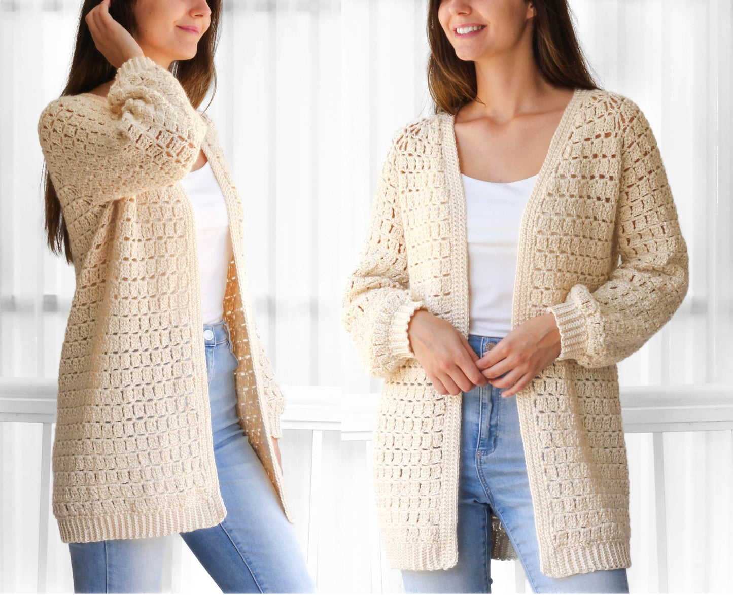 ELLA Crochet Cardigan Pattern | Raglan Sleeves | Seamless Top-Down | Sizes XS–3XL | PDF in US Terms