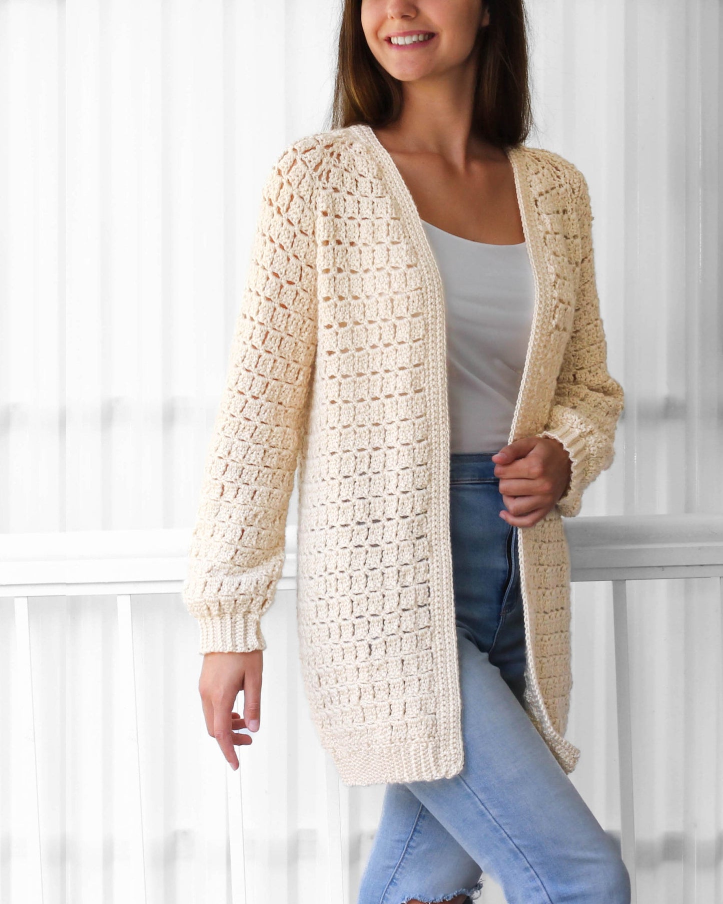ELLA Crochet Cardigan Pattern | Raglan Sleeves | Seamless Top-Down | Sizes XS–3XL | PDF in US Terms