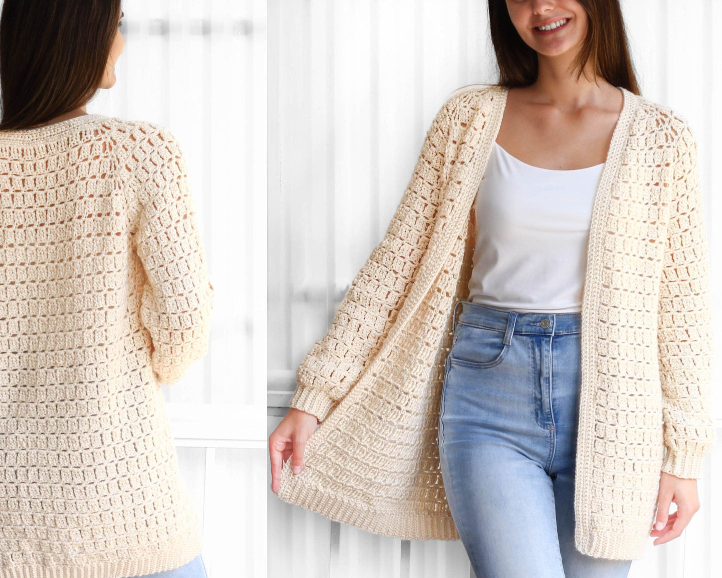 ELLA Crochet Cardigan Pattern | Raglan Sleeves | Seamless Top-Down | Sizes XS–3XL | PDF in US Terms